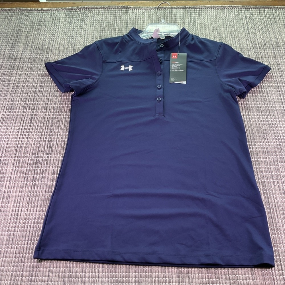 Under Armour Team Drape Tee Womens Small Navy White HeatGear Polo 1305790-410